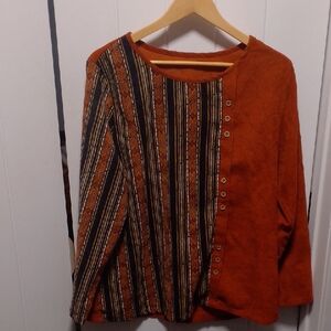 Fun Boho Corduroy Textured Long Sleeve Top Wooden Buttons Strips